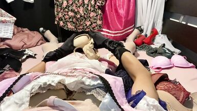 Masturbation of Transvestite with Bra On, Sniffing Bras, Fucking Bras and Cum in Bras POV 2 - 13 image