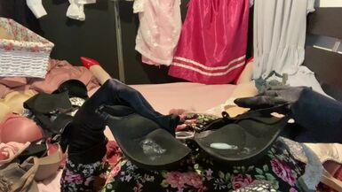 Masturbation of Transvestite with Bra On, Sniffing Bras and Fucking Bras POV 1 - 1 image