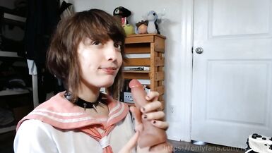 Femboy Schoolgirl gives a Blowjob to his Toy - 7 image