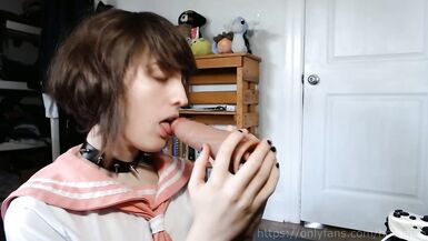 Femboy Schoolgirl gives a Blowjob to his Toy - 9 image