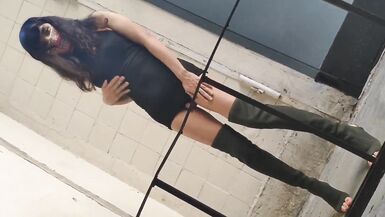 Sissy waking outside in sexy black dress and high heels - 14 image