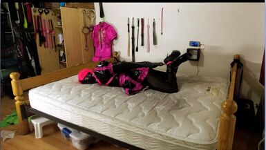 Sissy Maid in Self Bondage Armbinder Hogtie - 1 image