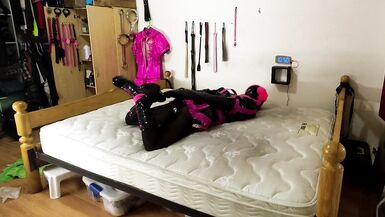 Sissy Maid in Self Bondage Armbinder Hogtie - 13 image