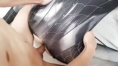 Spider Ladyboy cuffed dominated by a dude masturbating cock - 13 image