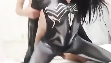 Spider Ladyboy cuffed dominated by a dude masturbating cock - 14 image