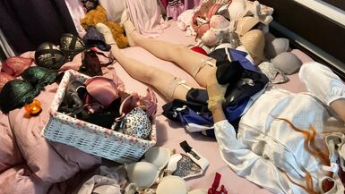 TG Girl Fuck Bra (Victoria's Secret Bombshell 32B) in White Satin Blouse - 9 image