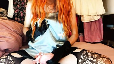 Trans Girl in Blue Satin Blouse Bra Fuck & Cum in Bra(H&M Super Pushup 75A) - 4 image