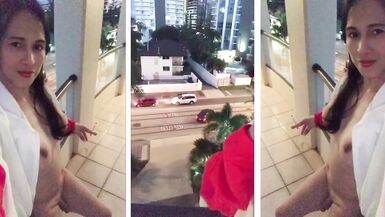 gorgeous shemale shows naked in balcony while smoking - 4 image