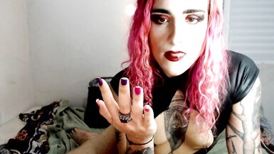 Trans goth bitch licking own cum