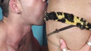 Blonde Latina transsexual in lingerie gives a guy a nice ass - 5 image