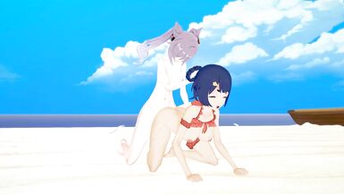 Genshin Impact XIANGLING and KEQING FUTA beach party (3D HENTAI) - 10 image