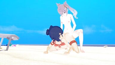 Genshin Impact XIANGLING and KEQING FUTA beach party (3D HENTAI) - 9 image