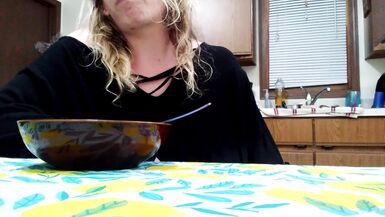 Lazy tgirl Lily pees while eating breakfast