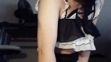 Femboy dressed as maid masterbates with cat butt plug and big dildo and cums big - 2 image