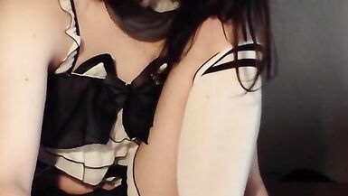 Femboy dressed as maid masterbates with cat butt plug and big dildo and cums big - 6 image