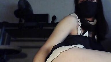 Femboy dressed as maid masterbates with cat butt plug and big dildo and cums big