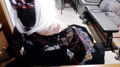 Sexy crossdresser wearing black dress and cat ear headress fucks himself with 6 inch dildo until cum - 2 image