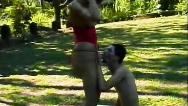 Outdoor anal for this good looking blonde tgirl cocksucker - 8 image