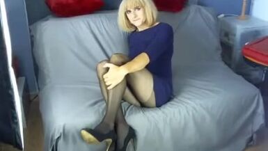 Sexy crossdresser Blue Dress Pantyhose High Heels - 1 image