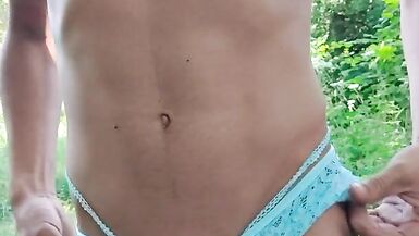 Crossdresser blue lingerie outdoor - 3 image