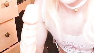 Cute CD Femboy Has Hands-Free Sissygasm & Taste it After Riding Large DIldo - 2 image