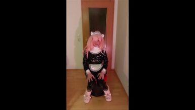 Cutest Sissy Maid shows her new skintight shiny latex catsuit and cums on it - 1 image