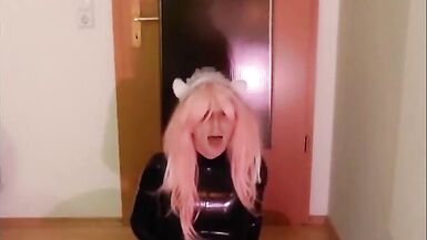 Cutest Sissy Maid shows her new skintight shiny latex catsuit and cums on it - 13 image