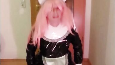 Cutest Sissy Maid shows her new skintight shiny latex catsuit and cums on it - 5 image