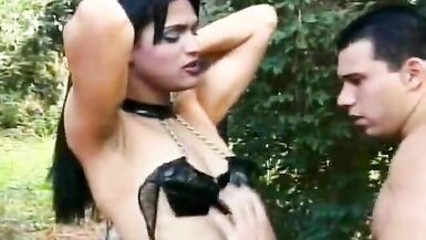 Brazilian shemale with raven hair drills jockstrap's pole