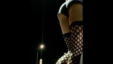 Sexy Ass Tight Jean Shorts and Fishnets on public display Hot Sissy Ts - 1 image