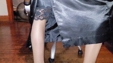 Black Liquid Satin Skirt With Black Satin Half Slip - 2 image