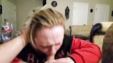 FTM cocksucker eagerly works Daddy's dick in the living room, roommate upstairs - 11 image