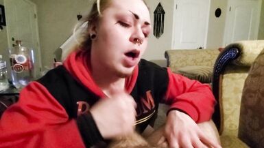 FTM cocksucker eagerly works Daddy's dick in the living room, roommate upstairs - 6 image