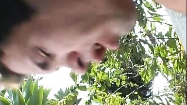 Shemale loves to lick cum off this horny dude outdoors - 6 image