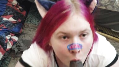 Cute Catgirl BBW Tranny Gets Cumshot from BBC Shemale POV - 7 image