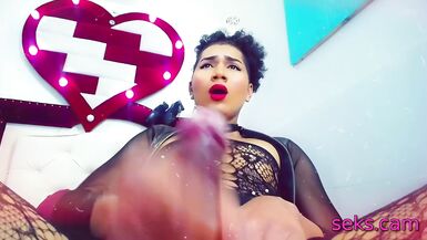 Horny tranny jerking her big dick on webcam - 15 image