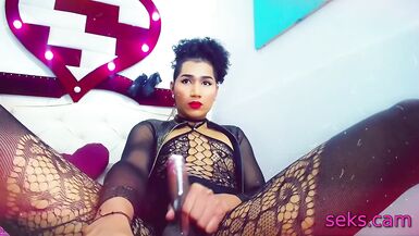 Horny tranny jerking her big dick on webcam - 8 image