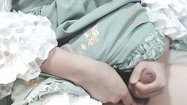 Crossdresser Wearing a Green Girly Dress and a Period Pant, then Jerking off - 13 image