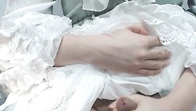 Crossdresser Wearing a Green Girly Dress and a Period Pant, then Jerking off - 4 image