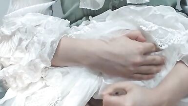 Crossdresser Wearing a Green Girly Dress and a Period Pant, then Jerking off - 5 image