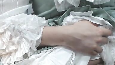 Crossdresser Wearing a Green Girly Dress and a Period Pant, then Jerking off - 7 image