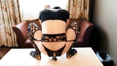 Cute tranny spraying booty juice on BBC dildo - 6 image