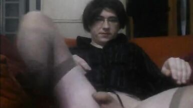 Patty crossdresser Beige lingerie and black dildo - 6 image