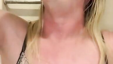 Transgender girl deepthroats huge double sided dildo and sprays fake cum on her face in the shower. - 10 image