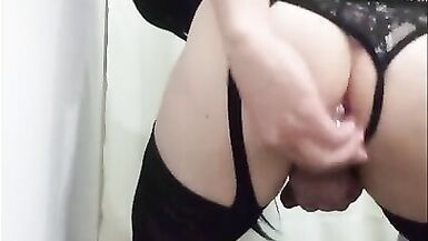 Pretty crossdresser plays with her ass, masturbate and cums - 5 image