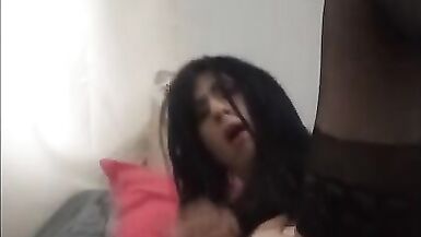 Latin crossdresser dances wearing lingerie, plays with dildo - 15 image