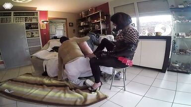 Mistress shemale plays dirty ass games with two slaves - 10 image