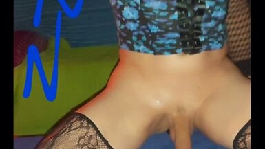 Cut up stretch pants riding black dildo with fantasy creampi - 1 image