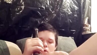 Jerking off and filling my hole with my big clear cock - 6 image