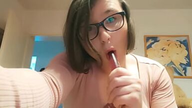 Teen Amateur Tranny Anallisa alone at home - she sucks dildo, lick her cum and fucks her pussy with no mercy while looking cute and screamig loud all over the house - shes wearing penis cage and uses some of her other toys - 1 image